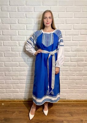 Платье в русском стиле синее льняное с тканной вставкой