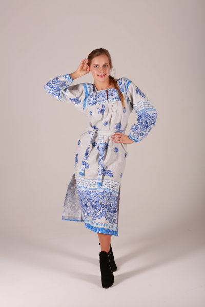 Платье в русском стиле "Гжель Свиристели "