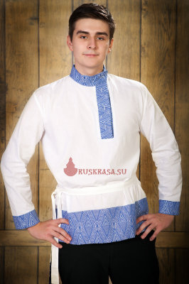Рубаха мужская хлопок белая с широким орнаментом ромбы