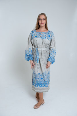 Платье в русском стиле "Павлины" голубое