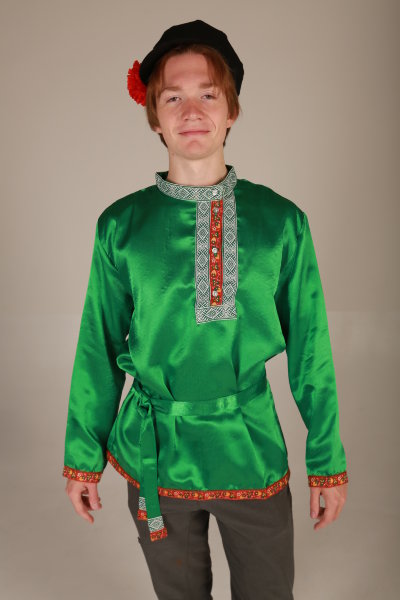 Рубаха мужская русская народная, зеленая атласная 