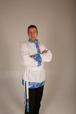 Рубаха мужская русская народная, белая x/б со вставкой "Гжель" 