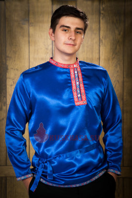 Рубаха русская народная, синяя атласная взрослая