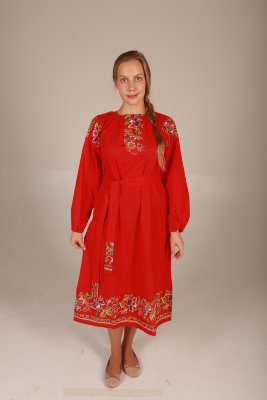 Платье в русском стиле "Барановские мотивы" красное х/б