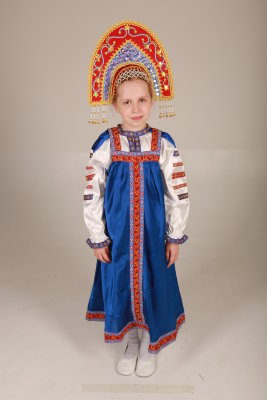 Сарафан детский русский народный с блузой, синий атласный