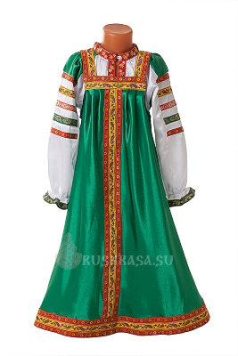 Сарафан русский народный детский с блузой, зеленый атласный
