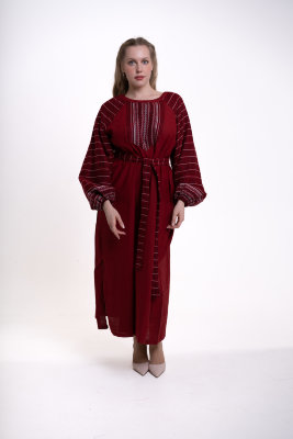 Платье в русском стиле покосное с тканными рукавами бордовое