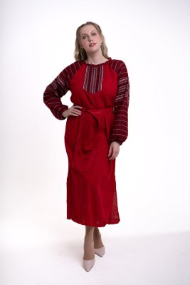 Платье в русском стиле покосное с тканными рукавами красное с бордовым