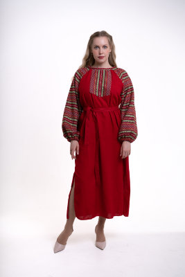 Платье в русском стиле покосное с тканными рукавами красное с зеленым