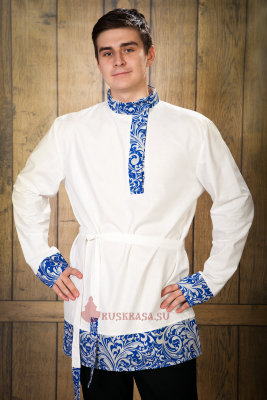 Рубаха мужская хлопок белая с широким орнаментом гжель