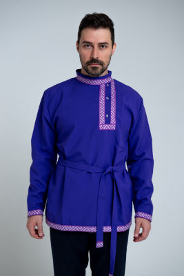 Рубаха мужская (косоворотка) с отделкой синей тесьмой 