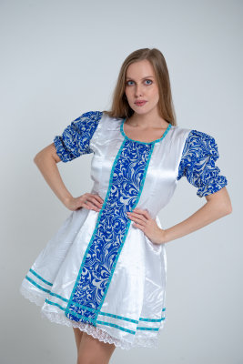 Платье плясовое "Кадриль" белое со вставкой "Гжель"