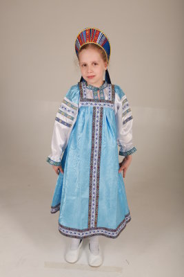 Сарафан детский русский народный, голубой атласный жаккард